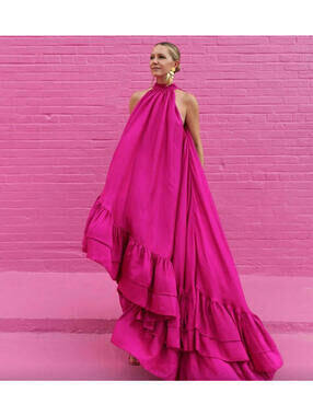 Elegant Fuchsia Pink Halter Neck Maxi Dress with Ruffle Hem Medium